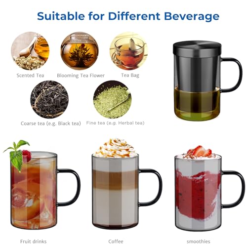 Ecooe 16.9oz Borosilicate Glass Tea Cup with Infuser & Lid - Black 430ml