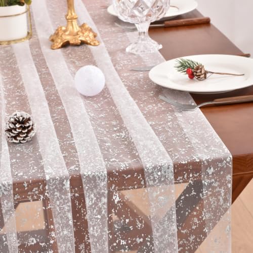 Joanlody Silver Glitter Tulle Table Runner 28x120 Inches - Winter Wedding & Holiday Decor, 4 Pack