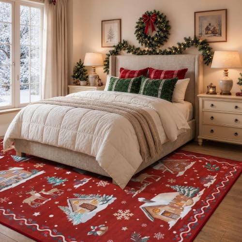 LIVEBOX 5x7 Christmas Washable Area Rug Red Scalloped Reindeer Snow Scene