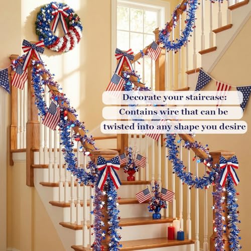 Red White Blue Star Tinsel Garland - 32.8ft Patriotic 4th of July Decor (2 Pack)