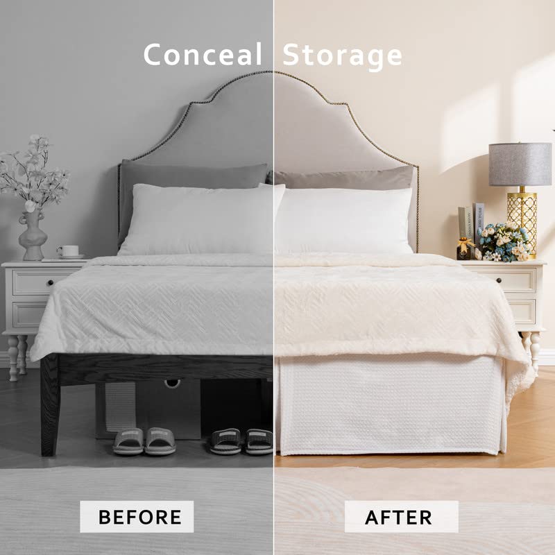 Pleated Waffle Weave Bed Skirt - 14 Inch Drop Tailored Dust Ruffle (Queen)