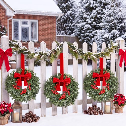 Dingion 12 Pcs 14'' Small Christmas Wreath for Cabinet Decoration with Bow - Set of 12
