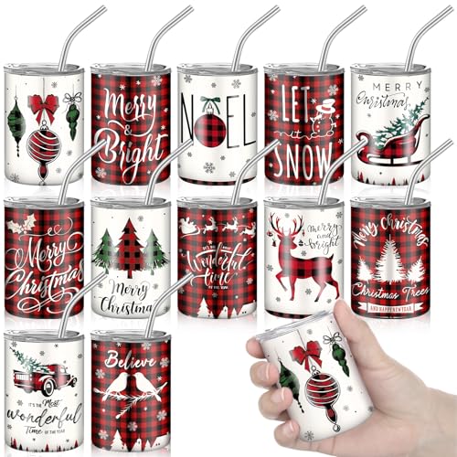 Roshtia Christmas Mini Shot Glass Set with Straw & Lid - 12 Pcs Festive Stainless Steel Tumblers