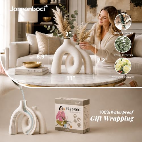 Matte Ceramic Hug Donut Vase Set - Modern Boho Home Decor (Cream White)