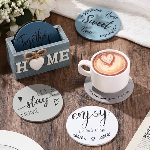 Queekay Slate Coasters Set of 6 with Holder – Farmhouse Wooden Drink Coasters