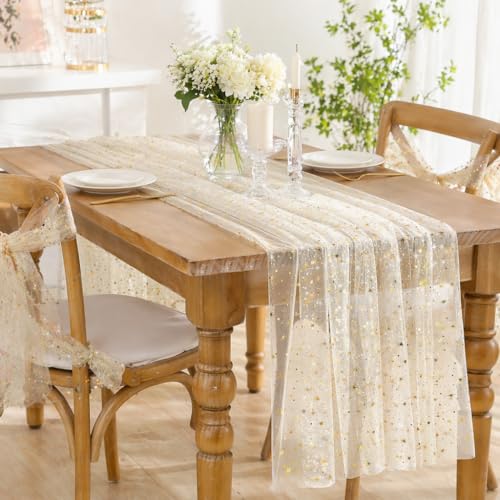 Beige Gold Gauze Table Runner 10ft with Metallic Foil Sparkle – 3pcs, 29x120
