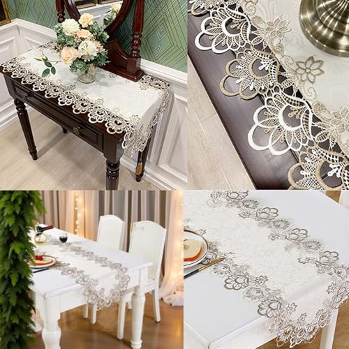 LeLehome 69 Inch Embroidery Lace Table Runner - Elegant Jacquard Floral Dresser Scarf for Dining & Wedding