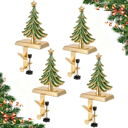 JUSTOTRY Green & Gold 4-Piece Christmas Stocking Holders for Mantle - Adjustable & No-Drill Garland Hangers