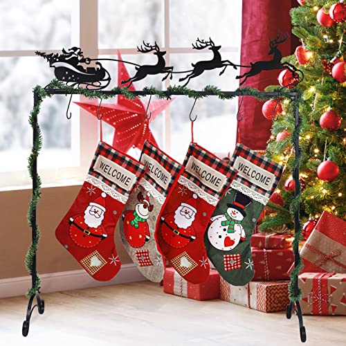 Black Metal Christmas Elk Cart Stocking Holder Stand with 6 Hooks - Freestanding Holiday Decor