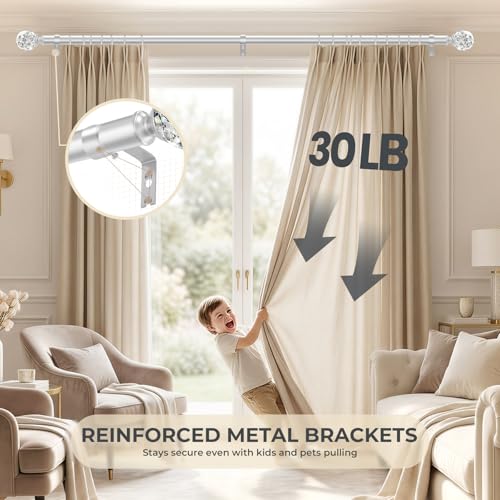 Silver Crystal Curtain Rod - Adjustable Heavy-Duty Drapery Rod