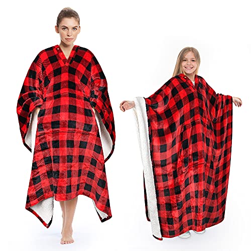 Tirrinia Super Soft Sherpa Fleece Wearable Poncho Blanket for Adults & Kids - Red Plaid