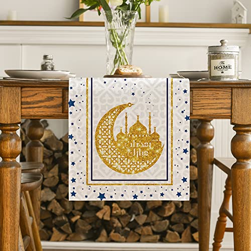 Artoid Mode 13x120 in White Moon Star Ramadan Table Runner, Polyester Home Decor