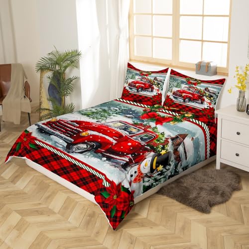 Homewish Christmas Truck Full Duvet Cover Set 3pcs Red Plaid with 2 Pillowcases (No Comforter) - Kids Bedding