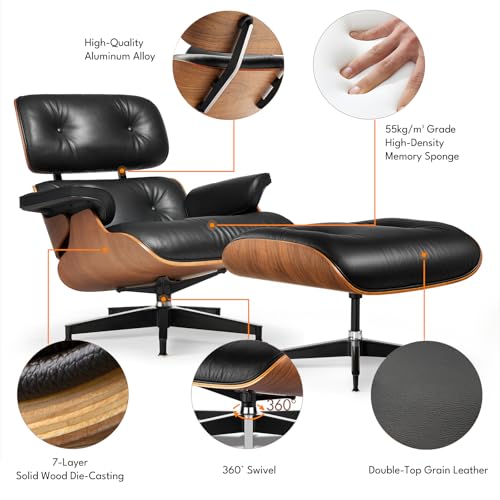 Mid-Century Modern Lounge Chair and Ottoman with Top Grain Leather
