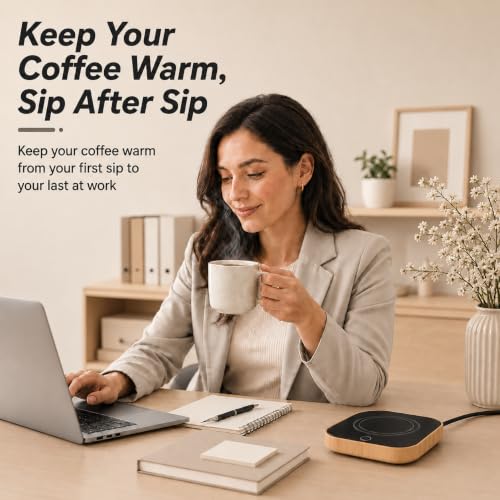 Defashun Square Wood Grain Coffee Mug Warmer for Desk - 3 Temp Settings, Auto Shut-Off