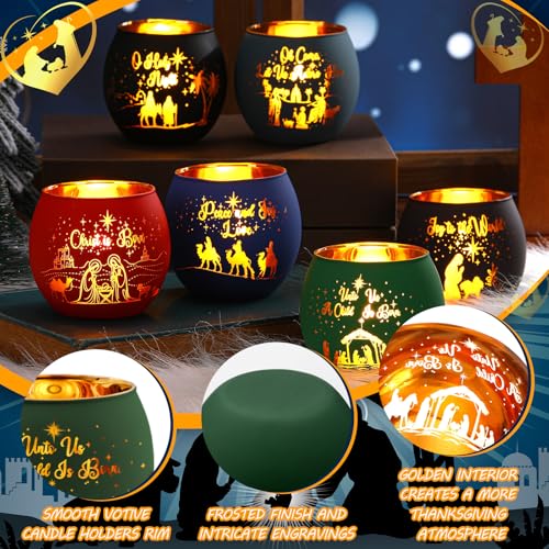Jingmore 6 Pcs Colorful Christmas Nativity Votive Candle Holders with Jesus Design