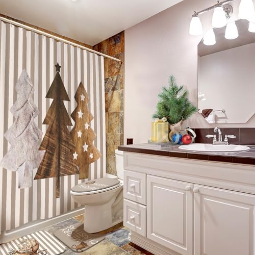 Drydiet 4-Piece Christmas Rustic Bathroom Decor Set with Shower Curtain & Rugs, Brown