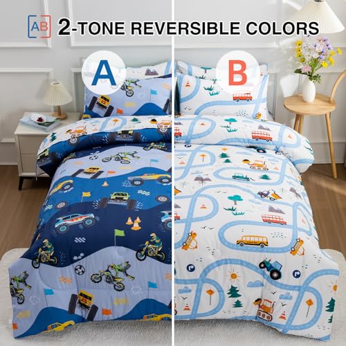 5-Piece Kids Construction Car Comforter Set - Twin Size Bed in a Bag