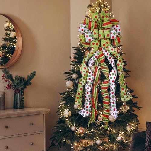 Large Green & Red Dot Christmas Tree Topper Bow, Wired Ribbon (45" x 13")