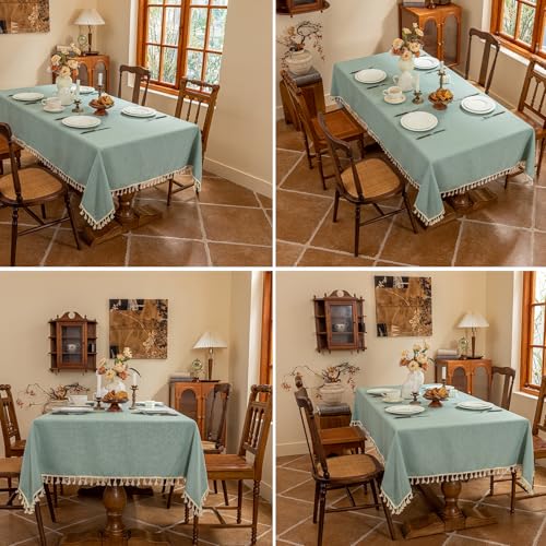 AmHoo Linen Blend Rectangle Tablecloth 55×102 Inch Teal, Durable 280 GSM with Tassels