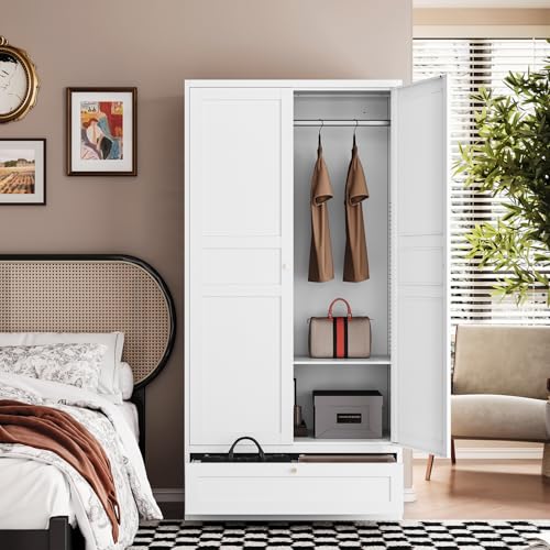 72-inch Metal Wardrobe Closet with Drawer, Adjustable Shelves and Hanging Rod