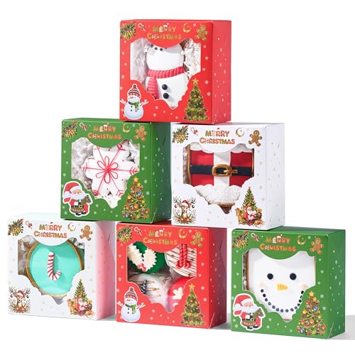 48PCS Christmas Cookie Boxes with Windows, 4x4x2 Inches - Holiday Gift Packaging