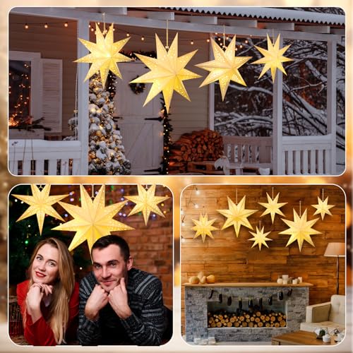 Christmas Paper Star Lanterns Set of 6 - 7 & 9 Pointed Stars with LED Strings - 3 Sizes