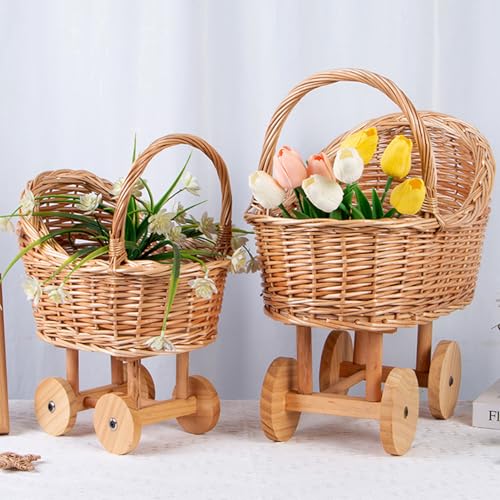 Woven Rattan Stroller Flower Basket - Vintage Wicker Table Centerpiece