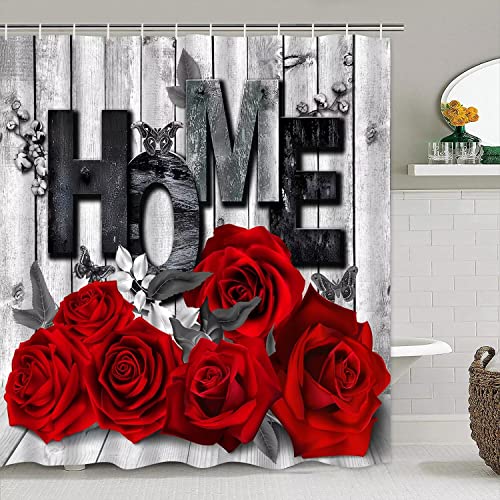 4-Piece Red Rose Shower Curtain Set with Non-Slip Bath Rug and Mats