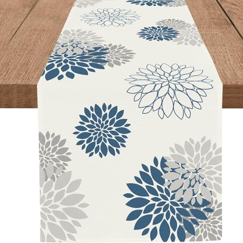 Blue Gray Dahlia Floral Burlap Table Runner 13x72 Inch Farmhouse Decor