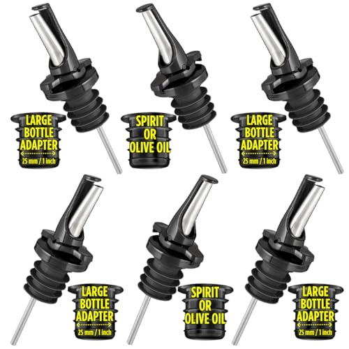Poura 3-in-1 Liquor & Oil Pour Spouts Black 6 Pack with 6 Adapters - Hygienic Dishwasher Safe