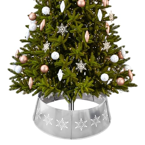 Silver Snowflake Farmhouse Christmas Tree Collar, 29-Inch Enamelware Base