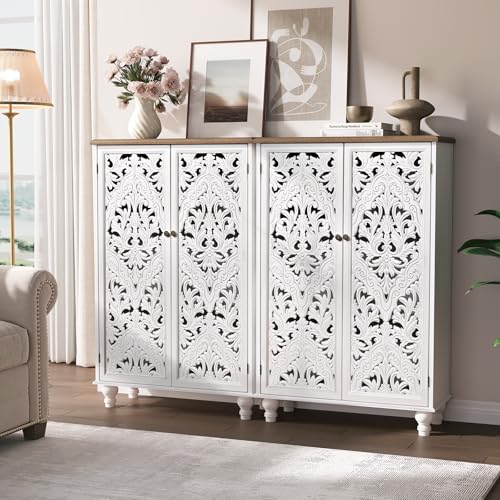 JOINICE 47-Inch Distressed White Tall Accent Cabinet with Carved Doors & Storage
