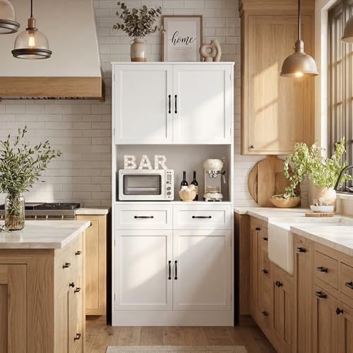 71" Tall Kitchen Pantry Cabinet with Microwave Counter & Drawers - White