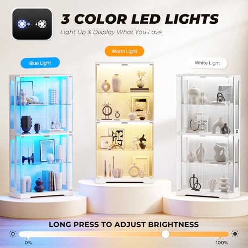 4-Tier Glass Display Cabinet with LED Lights and Motion Sensor, 65-Inch