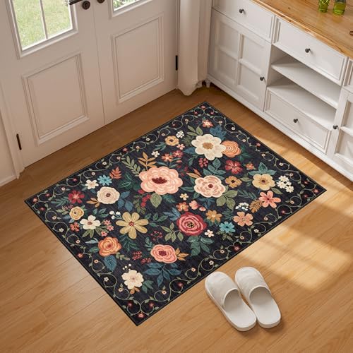 2x3 Floral Washable Indoor Door Mat - Non-Slip Low Pile Entryway Rug