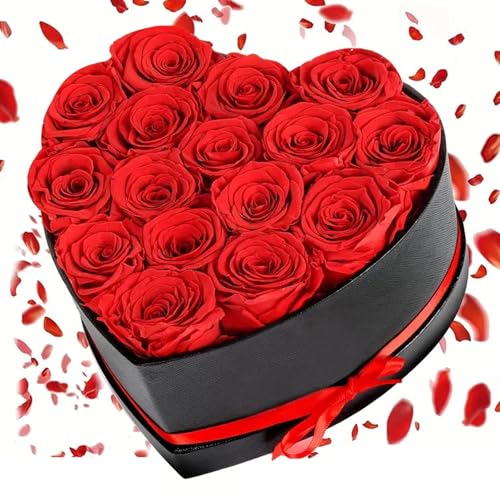 ENJOYPRO 16 Preserved Real Roses in Heart-Shaped Gift Box for Valentine's Day