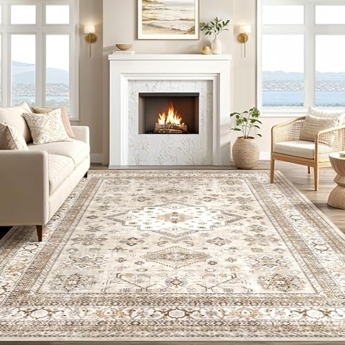 5x7 Washable Area Rug, Traditional Oriental Distressed Beige Carpet