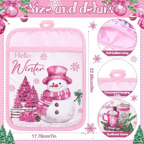 Jingmore Pink Christmas Pot Holders with Pocket, 12-Pack, Snowflake & Gnome Design, Heat Resistant Oven Gloves for Baking & Cooking