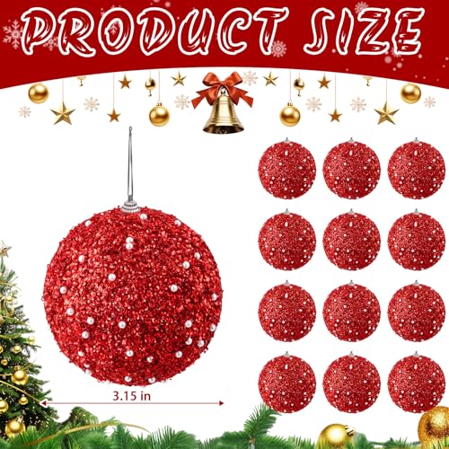 Red 12-Pack Foam Christmas Ball Ornaments with Glitter – 3.15" Hanging Xmas & New Year Decor (Variation: Red)