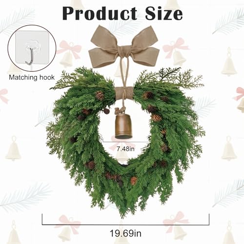 Jauksrola Bell Pinecone 20in Heart-Shaped Christmas Wreath - Front Door, Indoor/Outdoor