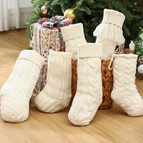 Chicingyou 6-Piece Cable Knit Christmas Stockings — 18" & 14" Ivory Rustic Farmhouse Mantel Set