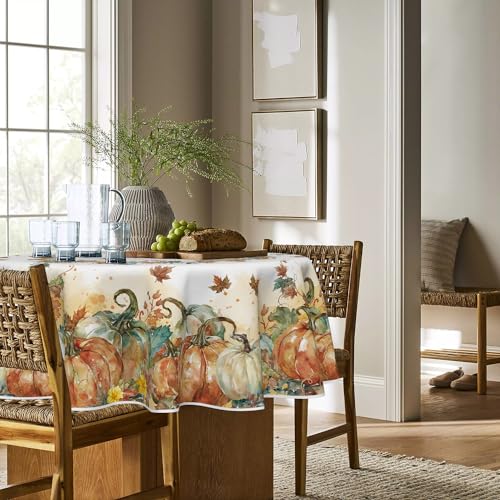 Horaldaily 90" Round Fall Tablecloth with Thanksgiving Leaves – Orange, 100% Polyester