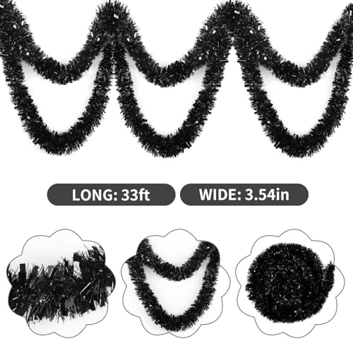 33ft Black Metallic Tinsel Garland for Halloween & Christmas Decor