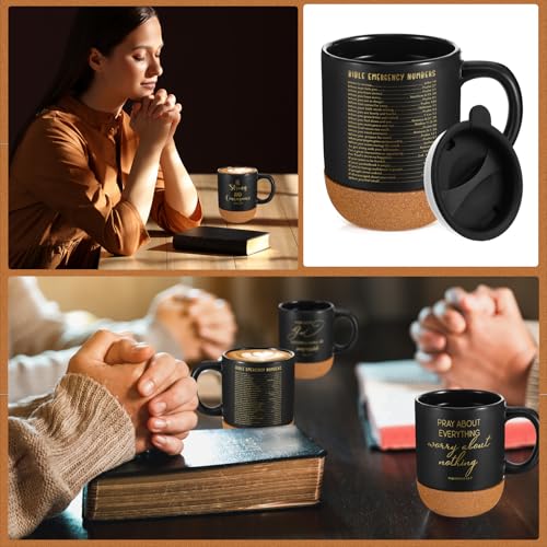 FillTouch 12-Piece Christian Mugs Set 15 oz Black with Lids & Cork Bottom - Bulk Gift, Father’s Day/Pastor Appreciation