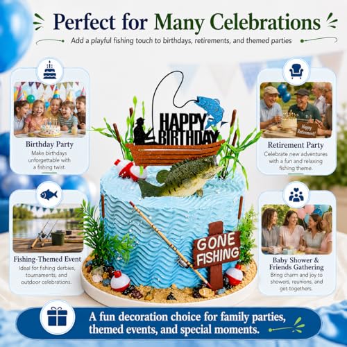 17-Piece Gone Fishing Cake Topper Set for Fisherman Birthday Parties