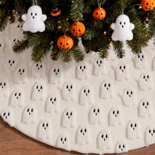36-Inch Beige Halloween Ghost Tree Skirt - Soft Plush Faux Fur with 3D Ghosts