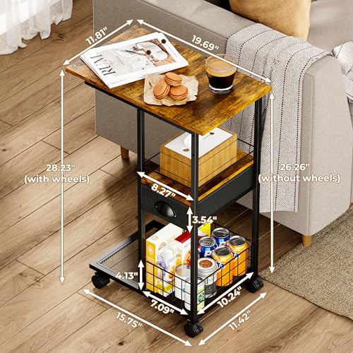 C-Shaped Rolling Side Table with Storage Drawer and Wheels for Living Room