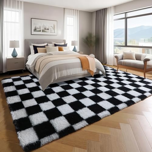 Checkered Area Rug 4x6, Soft Fluffy Shag Carpet for Bedroom and Living Room