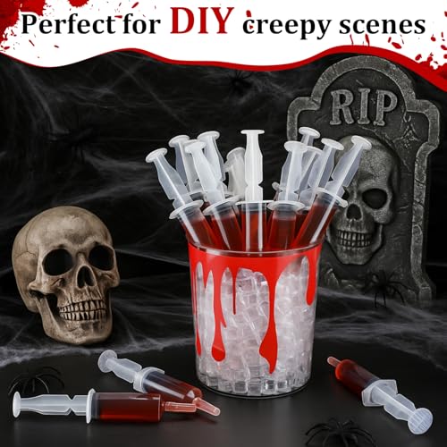 Halloween Shot Syringe Set with Bloody Buckets – 30 Plastic Drink Dispensers & Creepy Ice Buckets